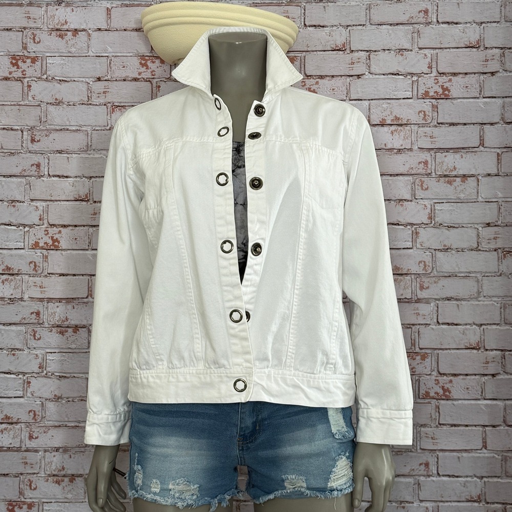 New Direction Womens White Denim Utility Jacket Y2K Oversize Grommet Snaps Large